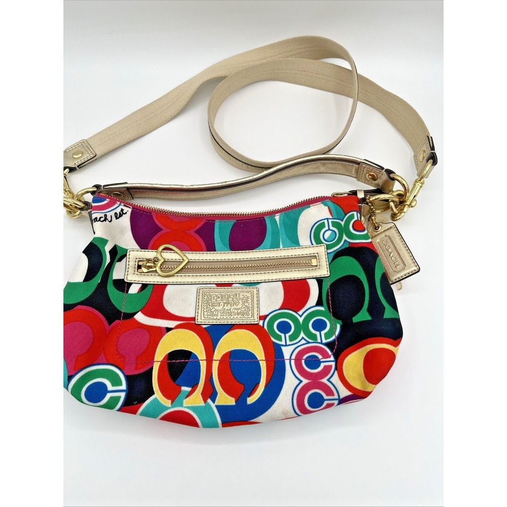 Coach Poppy Y2K Shoulder Bag Multicolor Signature Logo Gold Straps
